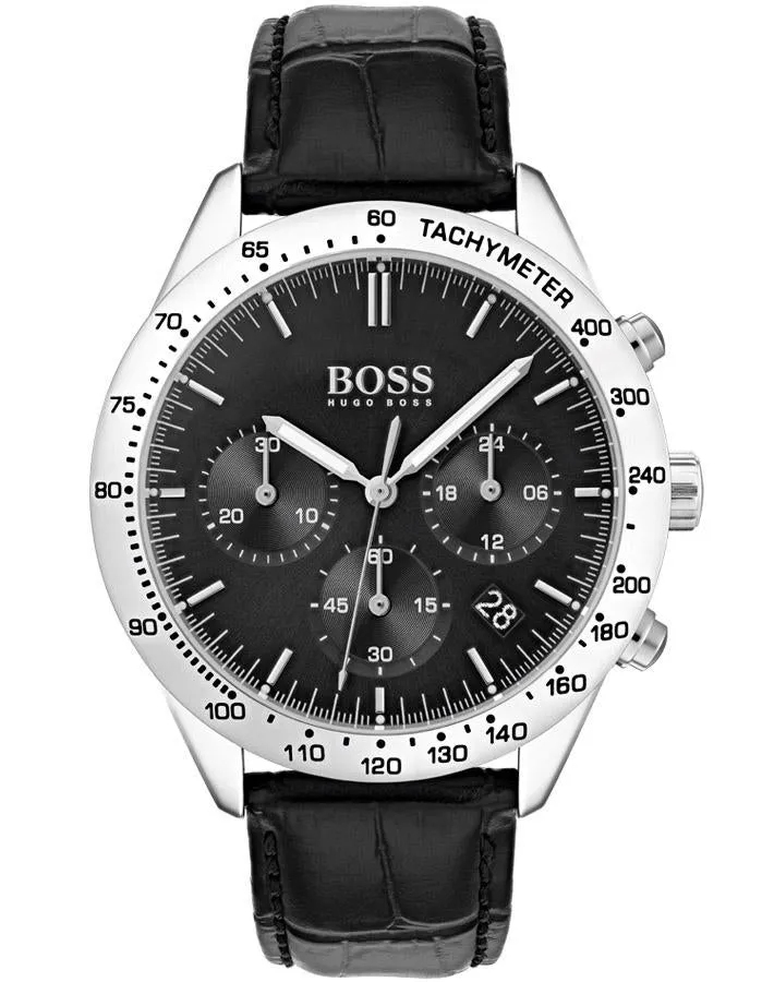 Hugo Boss Mens Talent Watch - Stainless Steel - Tachymeter - Black Croc Leather