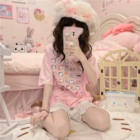 JAPANESE CUTE CAT PRINT PASTEL PINK T-SHIRT BY60038