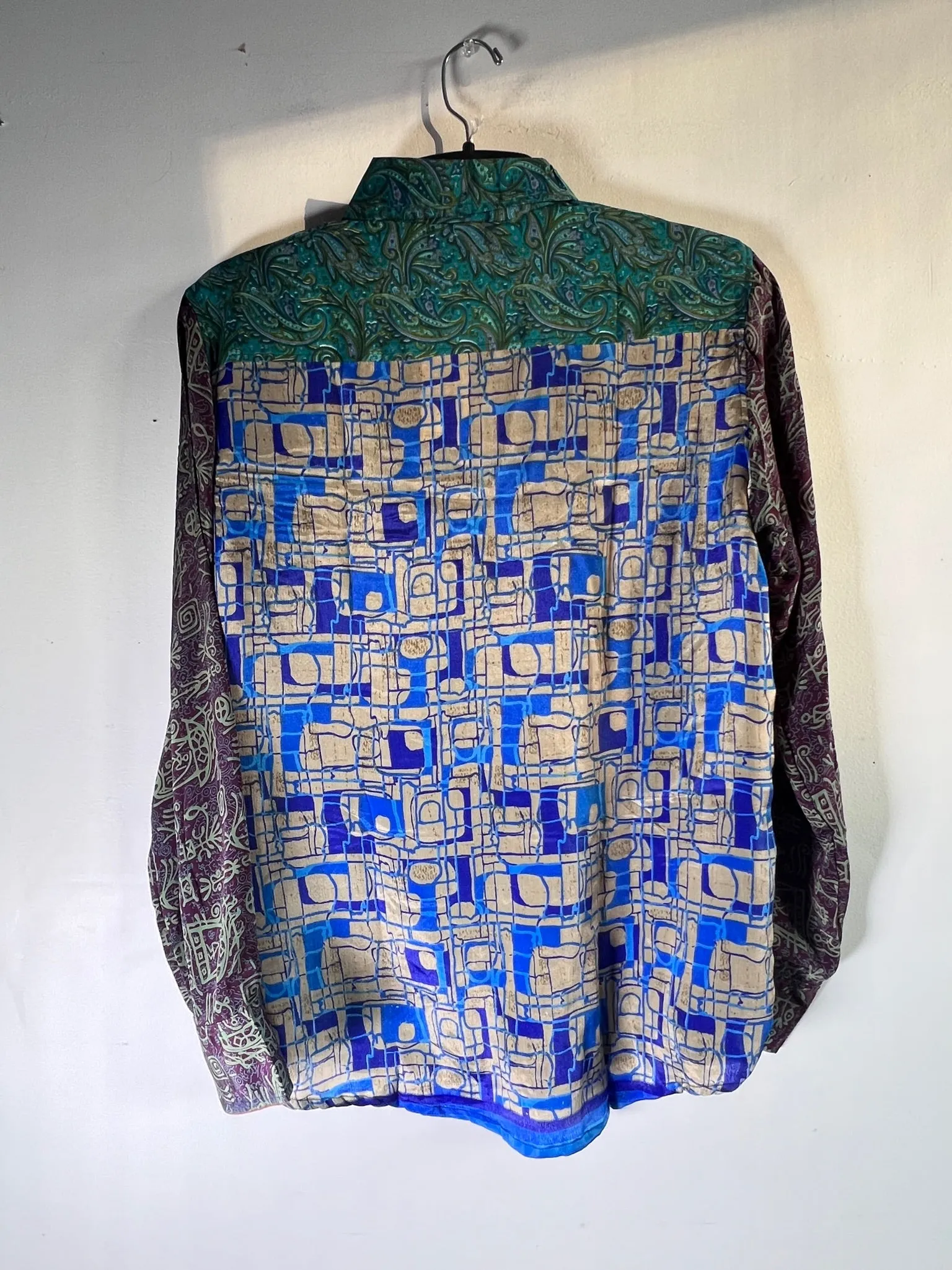 L109 Medium Morning Dew Upcycled Patchwork Sari Silk Button Up