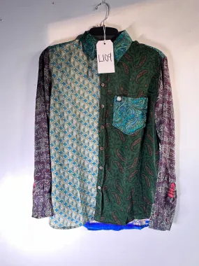 L109 Medium Morning Dew Upcycled Patchwork Sari Silk Button Up