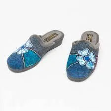 Ladies Bedroom Slippers Mule Wedge Heel Slip on Grey Multi