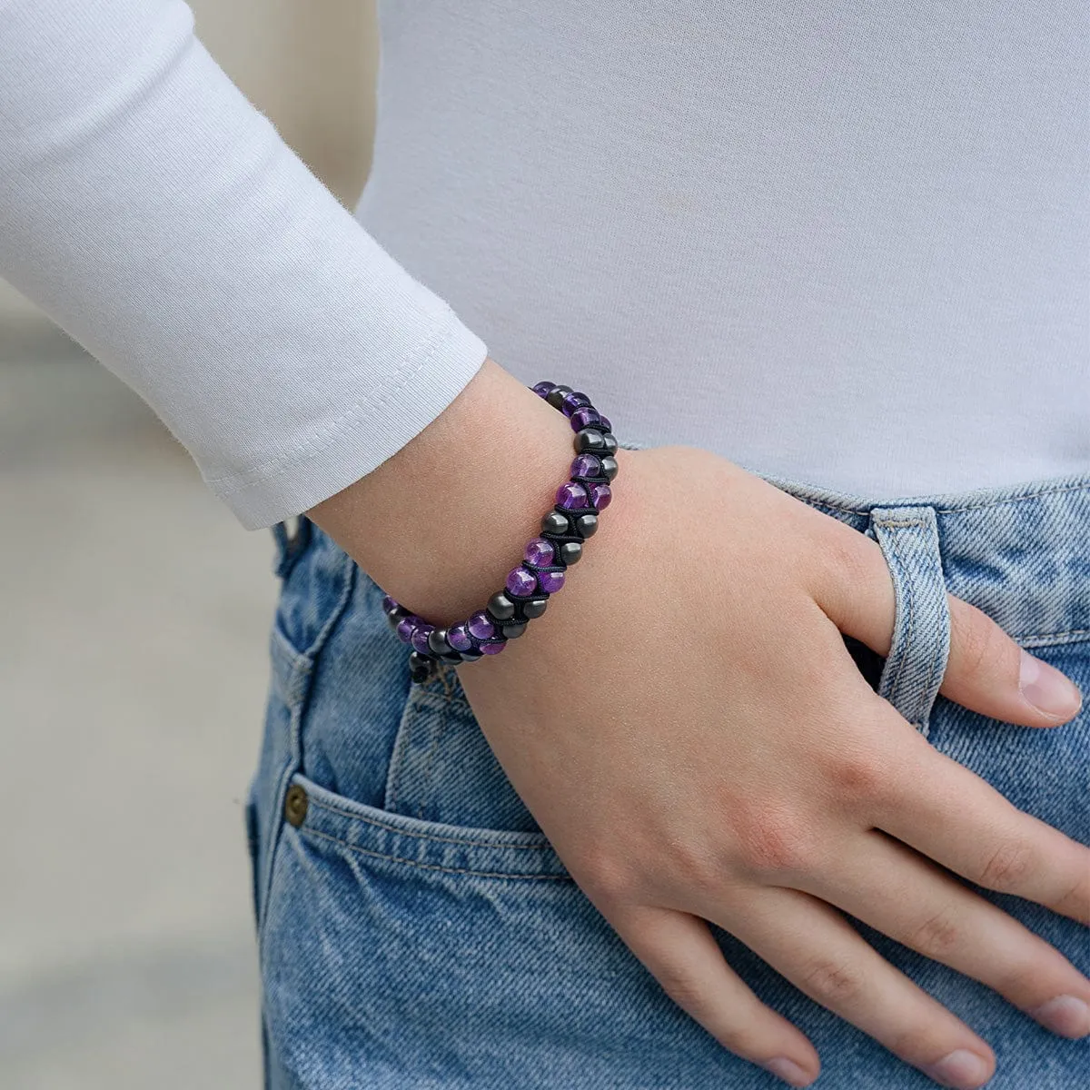 Magnetic Hematite & Amethyst Beaded Bracelet for Women