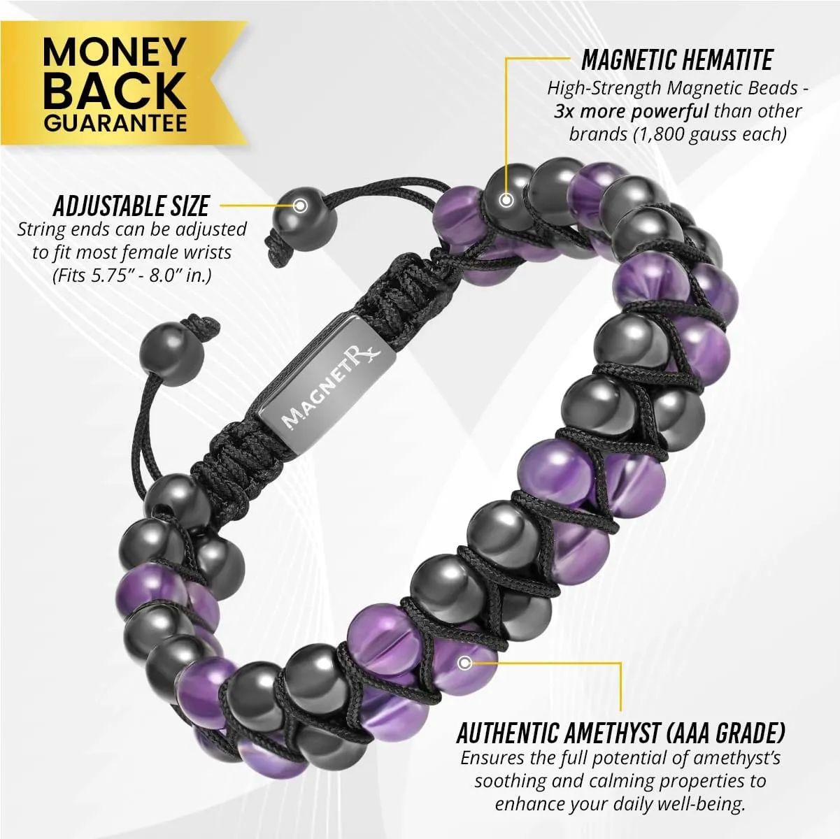 Magnetic Hematite & Amethyst Beaded Bracelet for Women