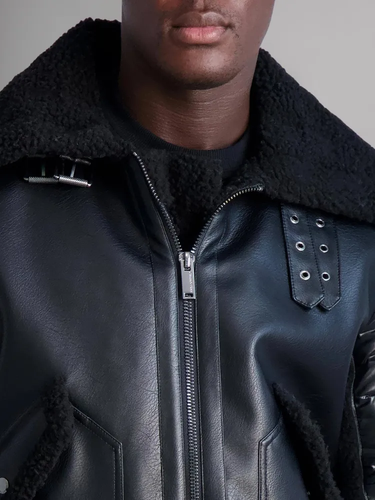 Men's -Shearling Fabric-Black leather Jacket