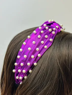 Metallic Pearl Embellished Top Knot Headband - Purple