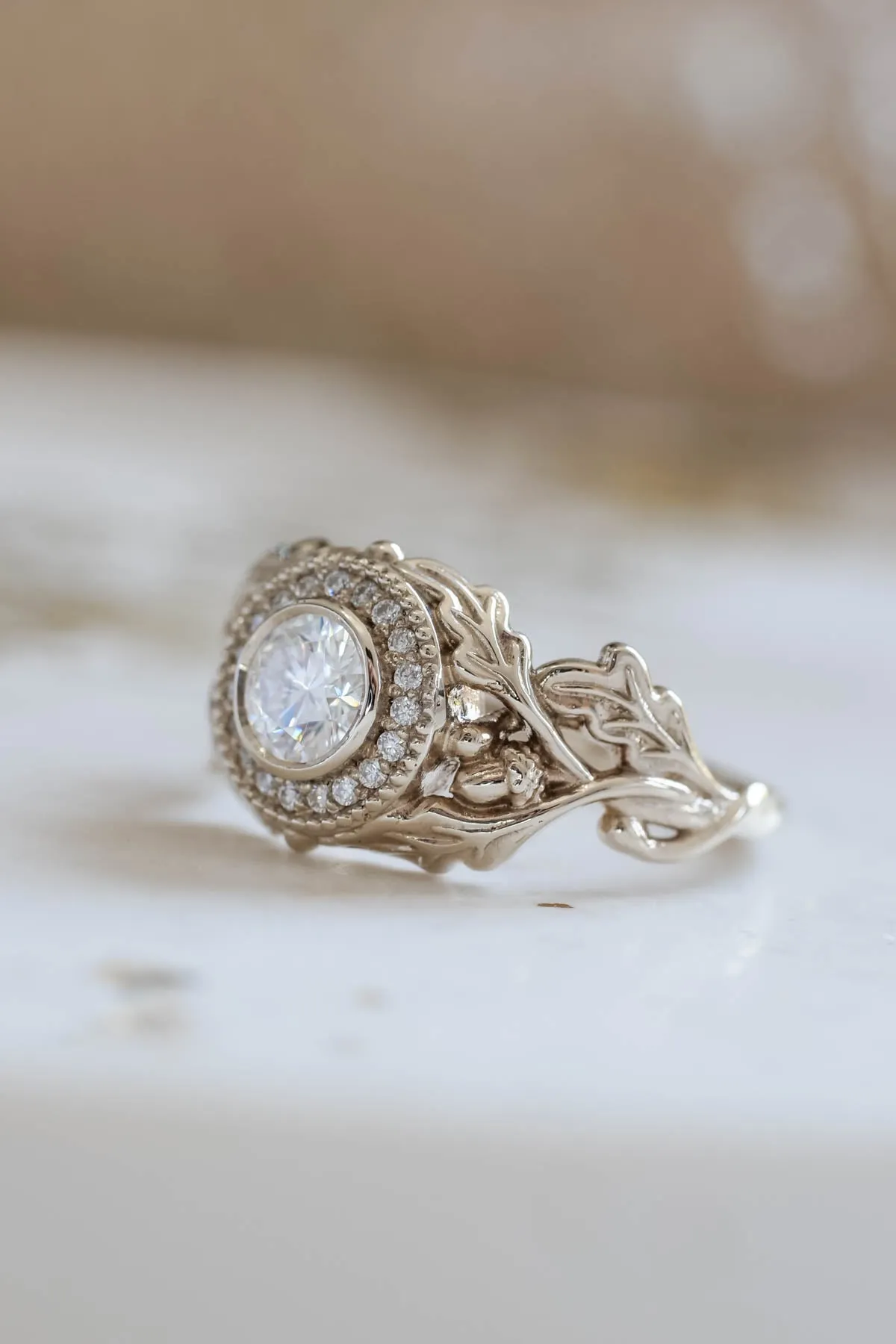 Moissanite halo engagement ring, white gold oak leaf ring / Dair