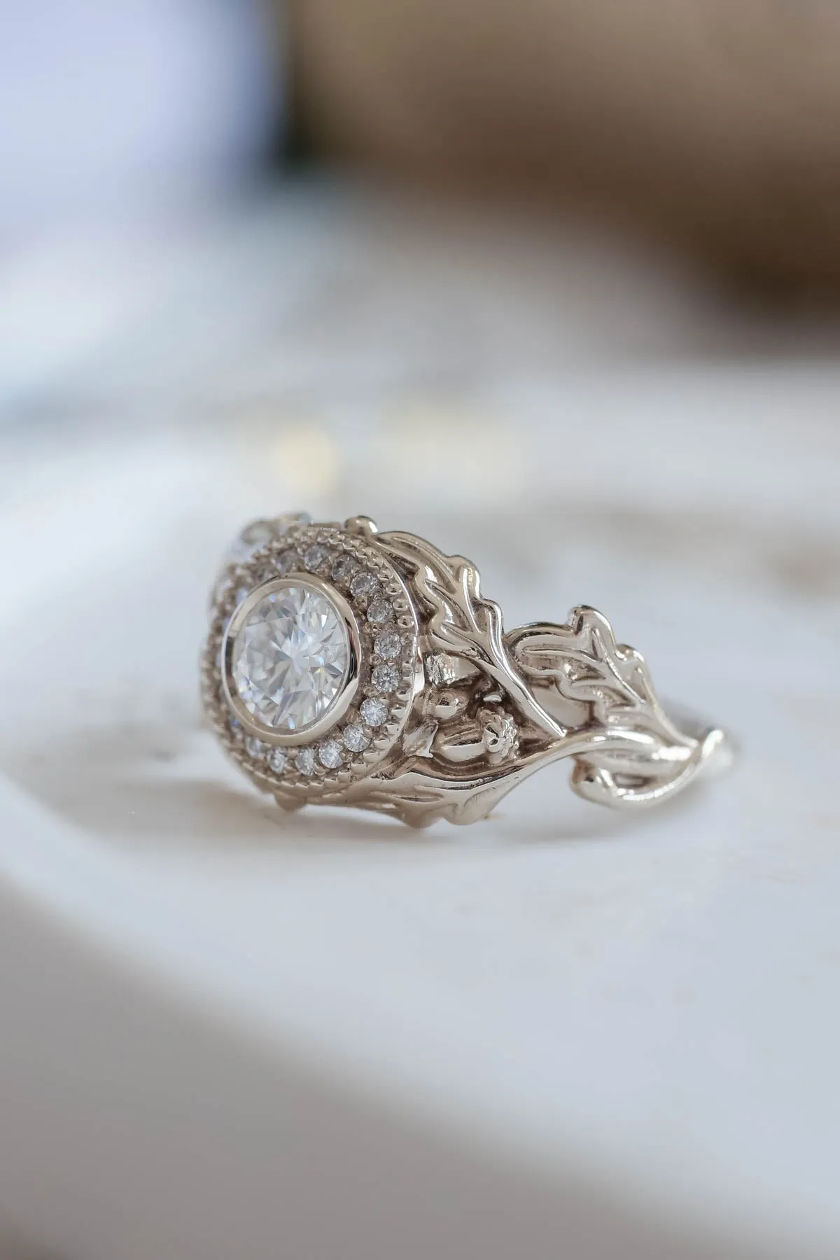 Moissanite halo engagement ring, white gold oak leaf ring / Dair