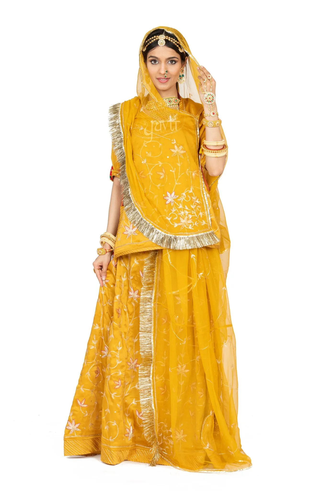 Mustard Yellow Aari Sequins Resham Rajputi Poshak