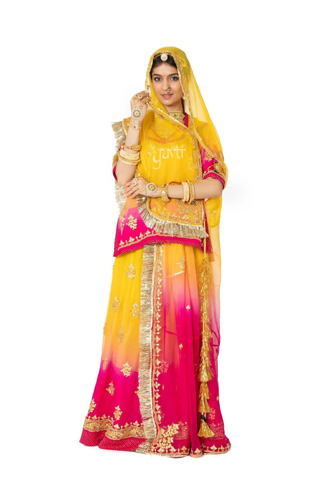 Mustard Yellow & Rani Pink Danka Gota Patti Crepe Rajputi Poshak