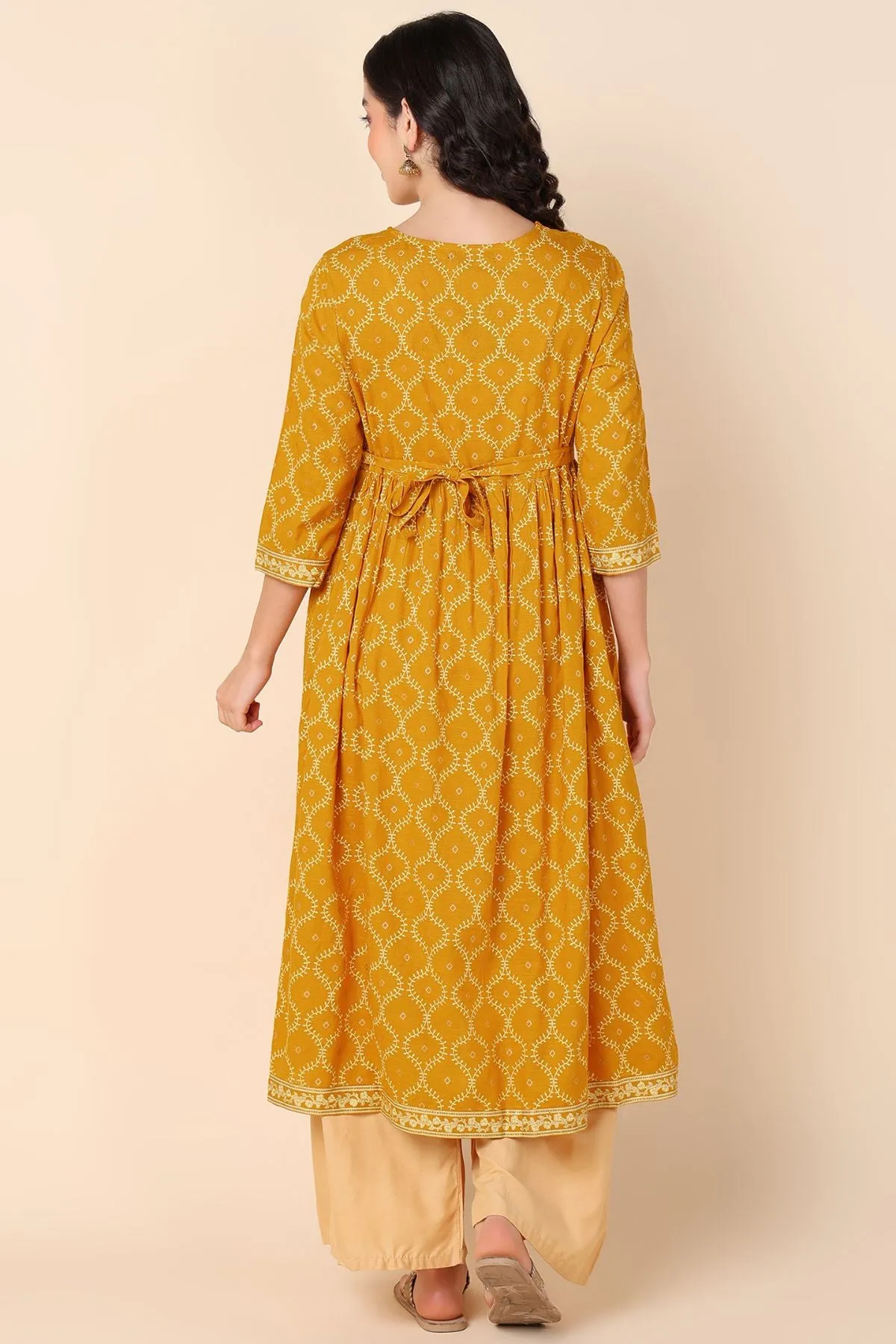 Mustard Yellow Maternity Dresses with Pocket and Tassel Neckline