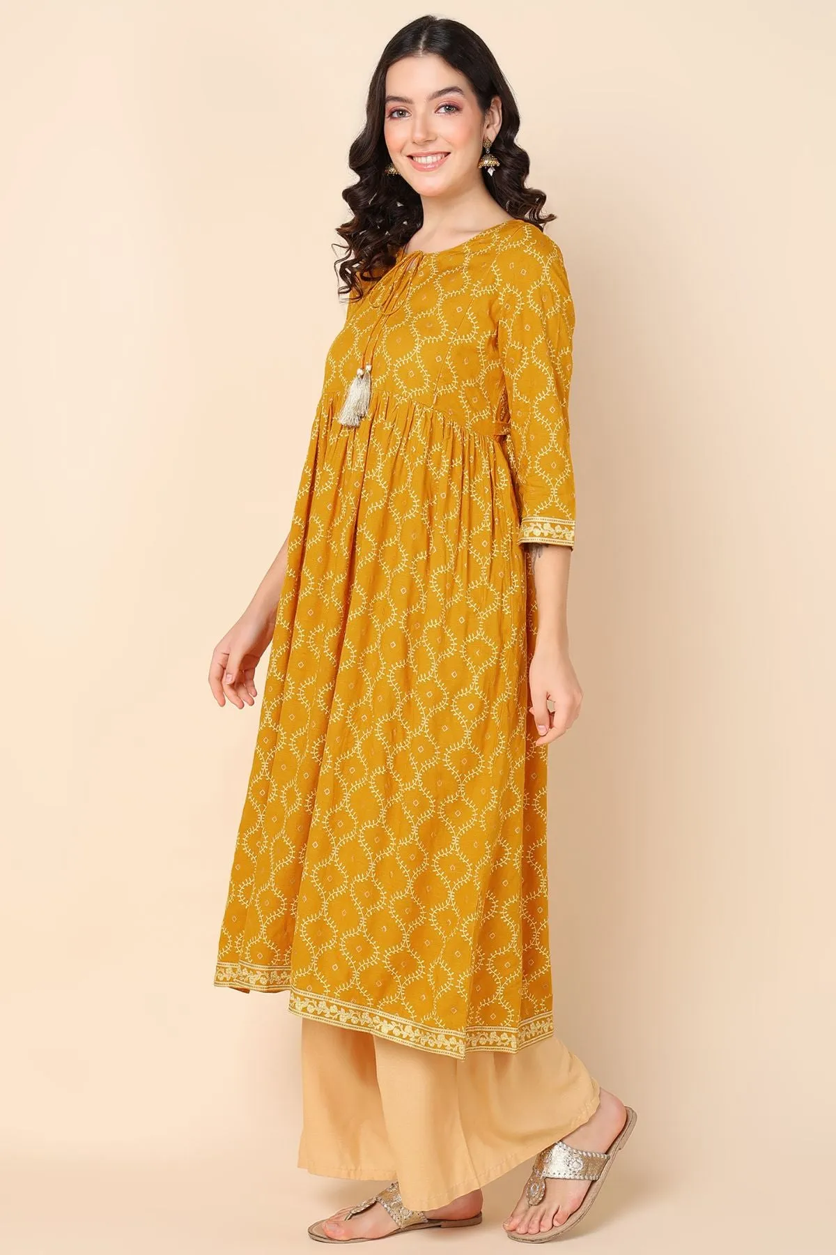 Mustard Yellow Maternity Dresses with Pocket and Tassel Neckline