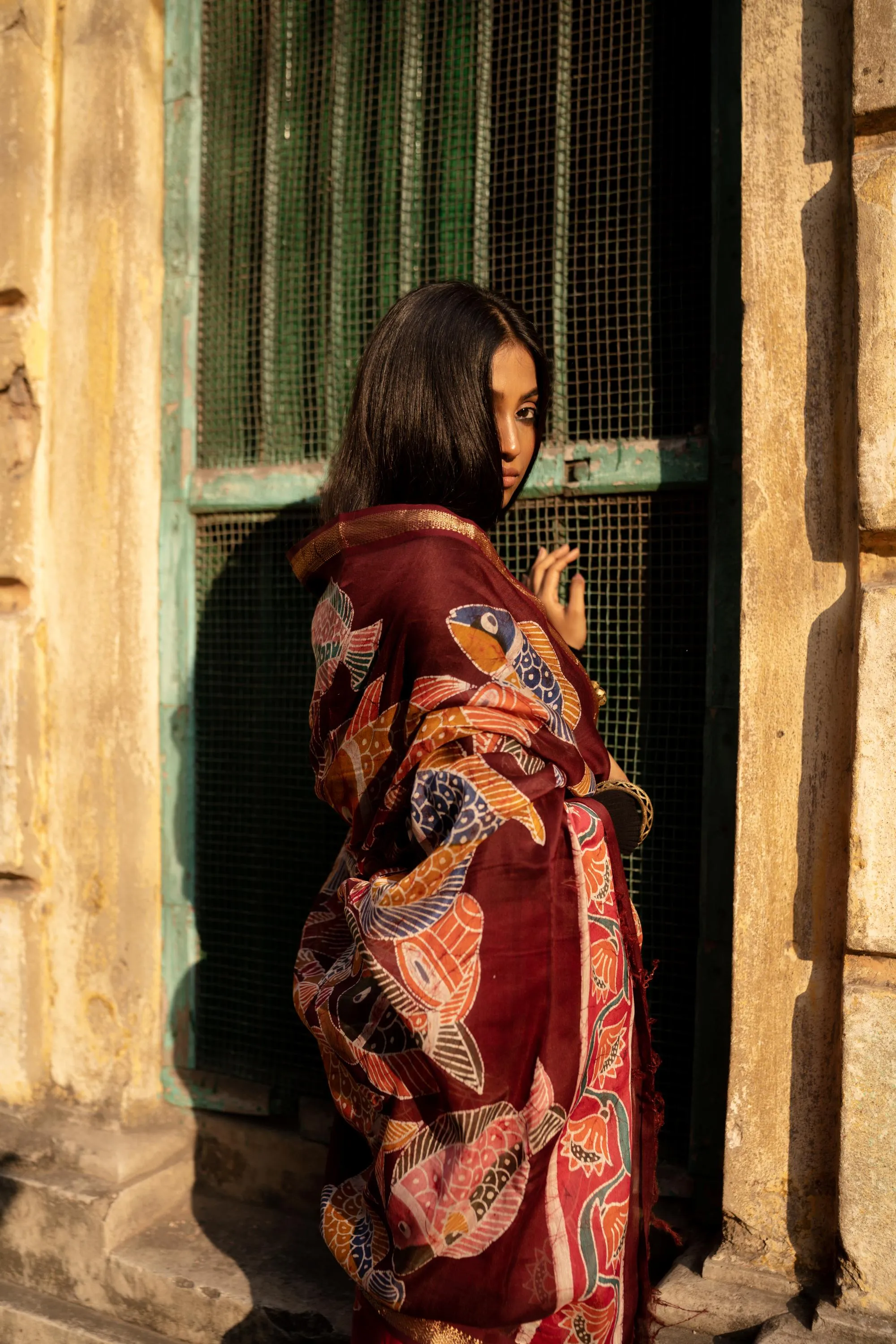 Narmada Manchali Batik Pattachitra Red Maheswari saree