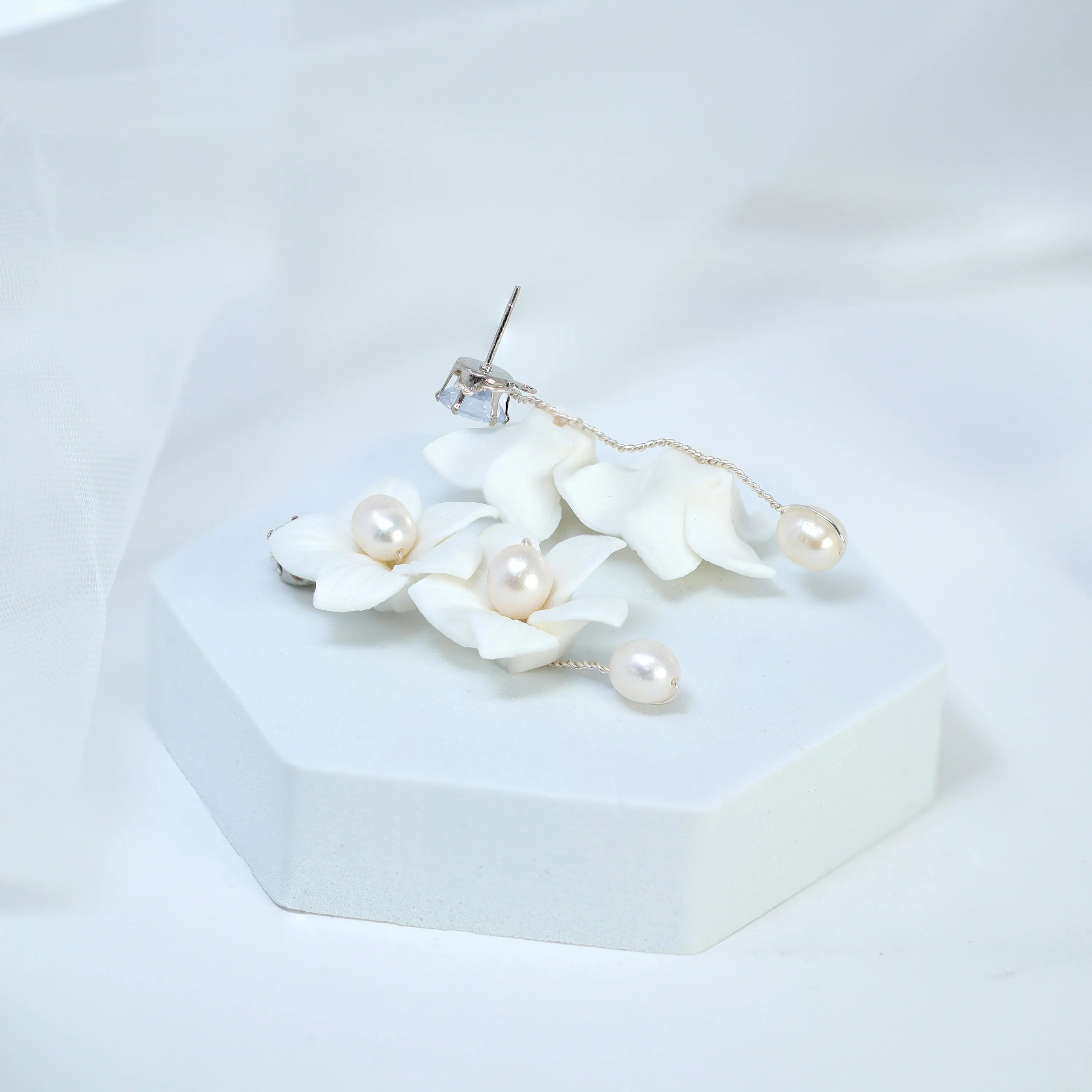 Natural Pearl Swarovski Porcelain Ceramic White Flower Pearl Sparkling Crystal Long Crystal Bridal Earrings Statement Earrings Cz