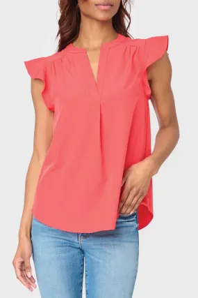 Notch Neck Flutter Sleeve Blouse