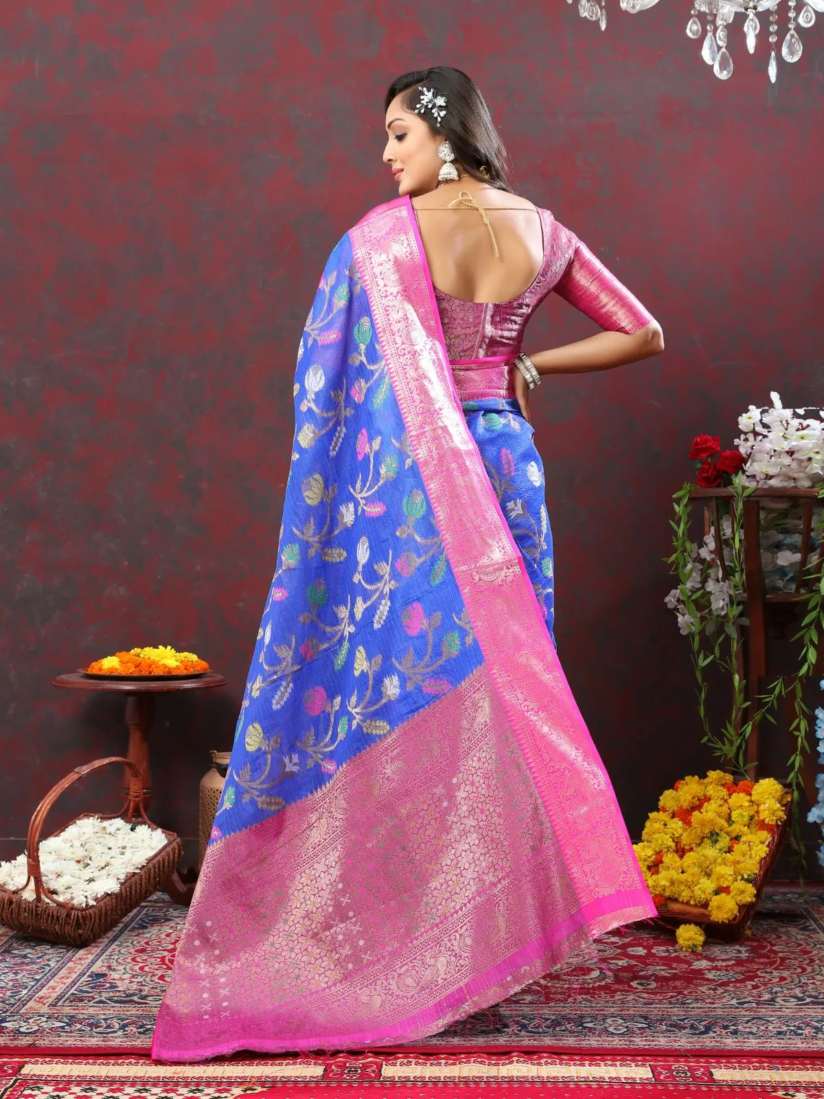 Odette Blue Cotton Blend Woven Saree with Unstitched Blouse for Women