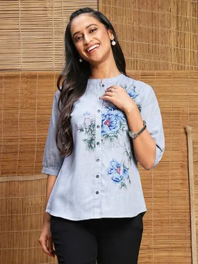 Odette Blue Cotton Printed Shirt For Women