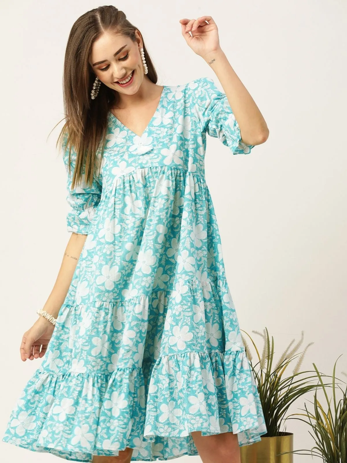 Odette Blue Cotton Printed Stitched Indo Western Dress For Women