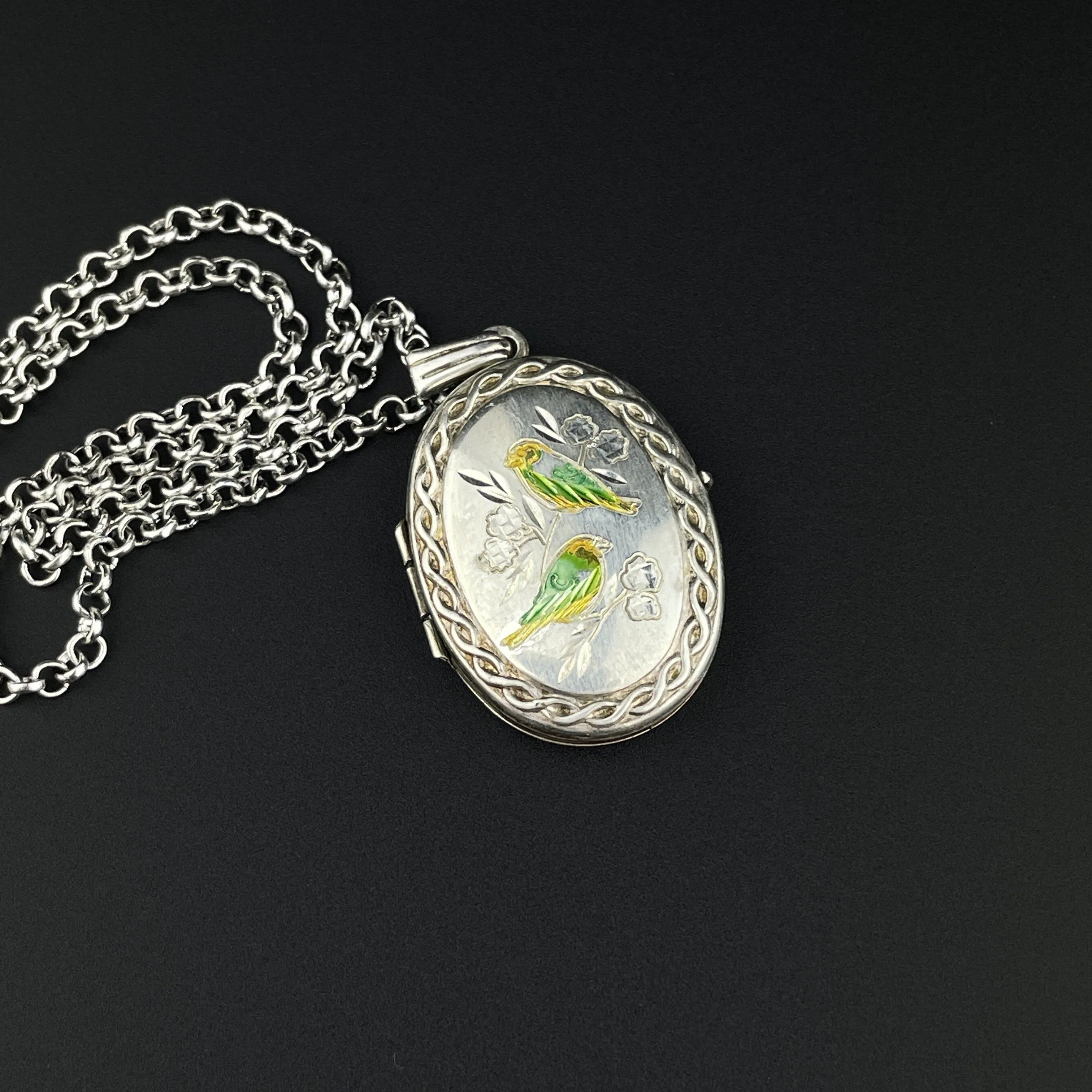 ON HOLD Vintage Engraved Silver Enamel Swallow Bird Locket Necklace