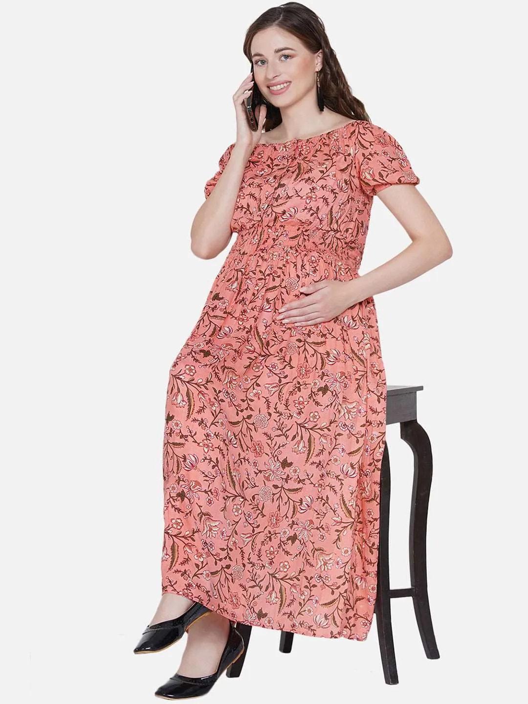 Peach Floral Print Maternity and Nursing Maxi Dress