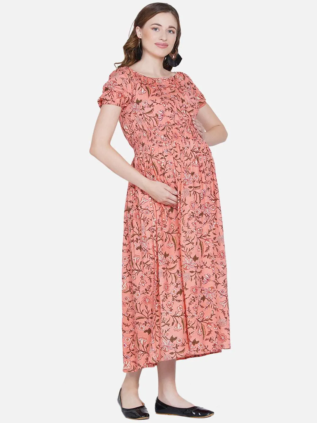 Peach Floral Print Maternity and Nursing Maxi Dress