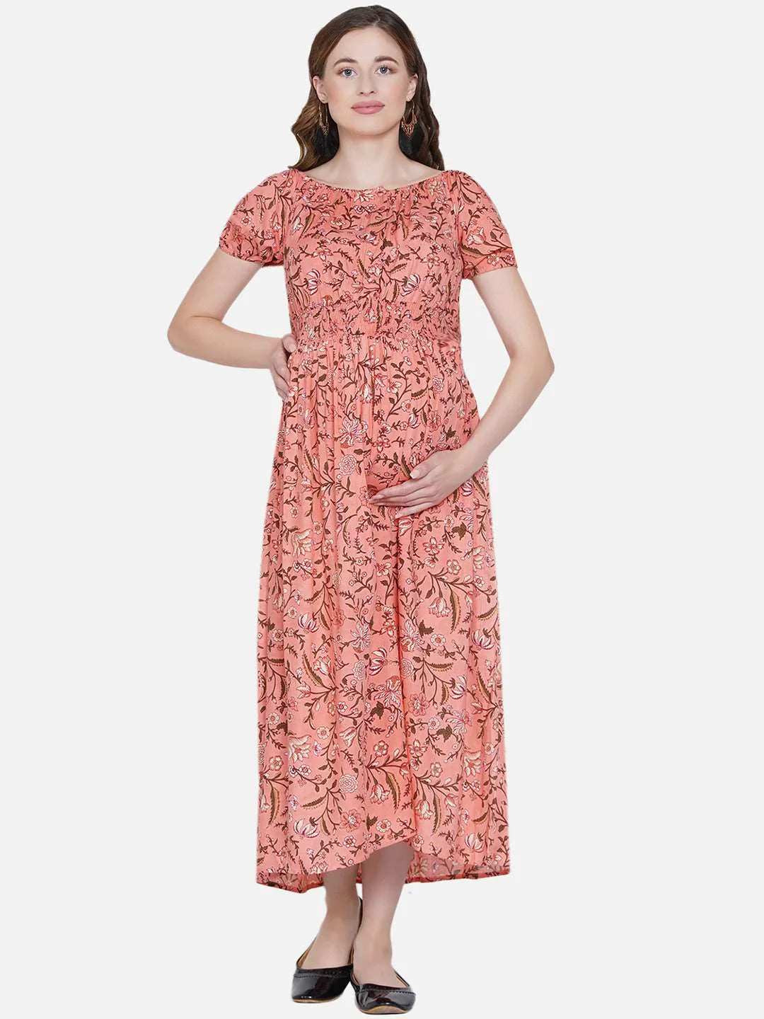 Peach Floral Print Maternity and Nursing Maxi Dress