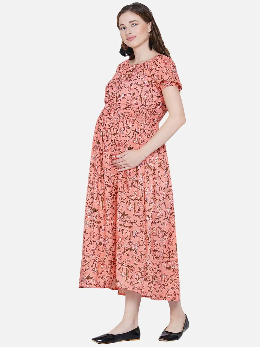 Peach Floral Print Maternity and Nursing Maxi Dress