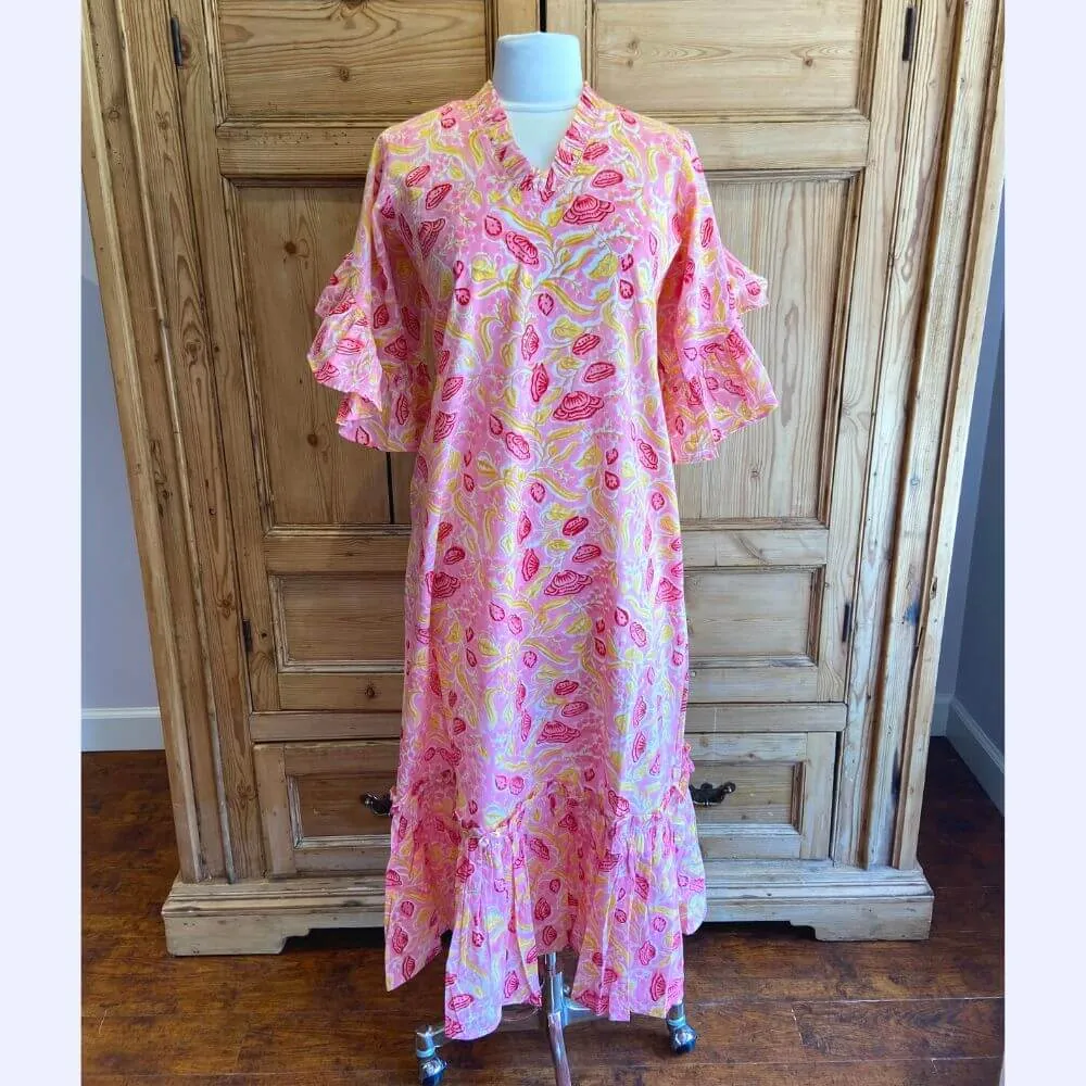 Pink & Yellow Floral Flutter Sleeve Dress