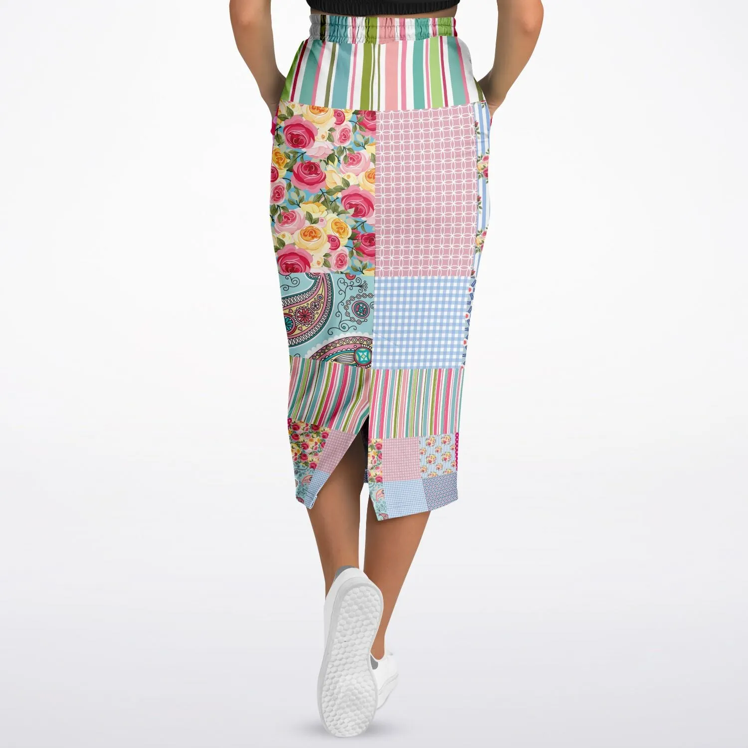 Pink Sherbert Floral Patchwork Plaid Eco-Poly Long Pocket Skirt