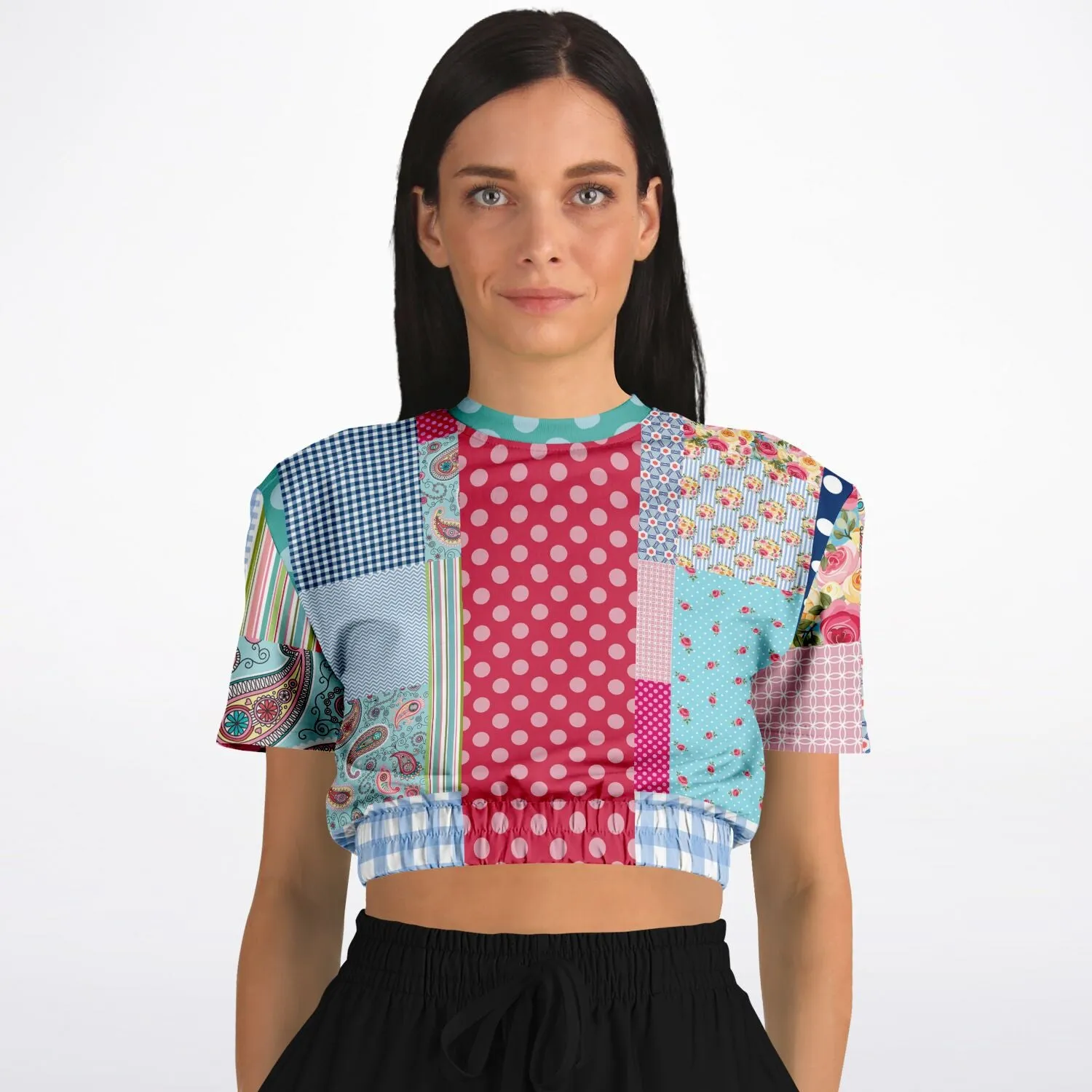 Pink Sherbert Floral Patchwork Plaid Short Sleeve Cropped Eco-Poly Sweater