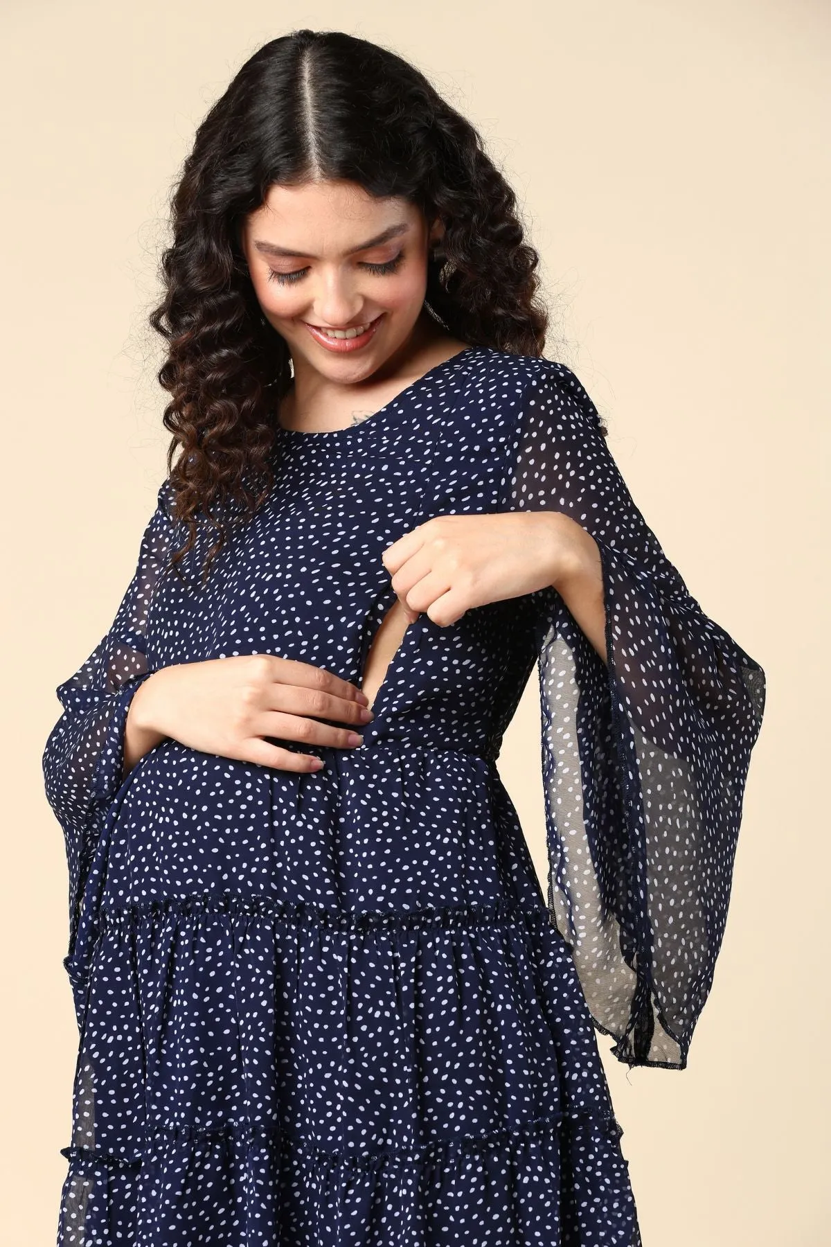 Polka Navy Maternity Dress with Pocket