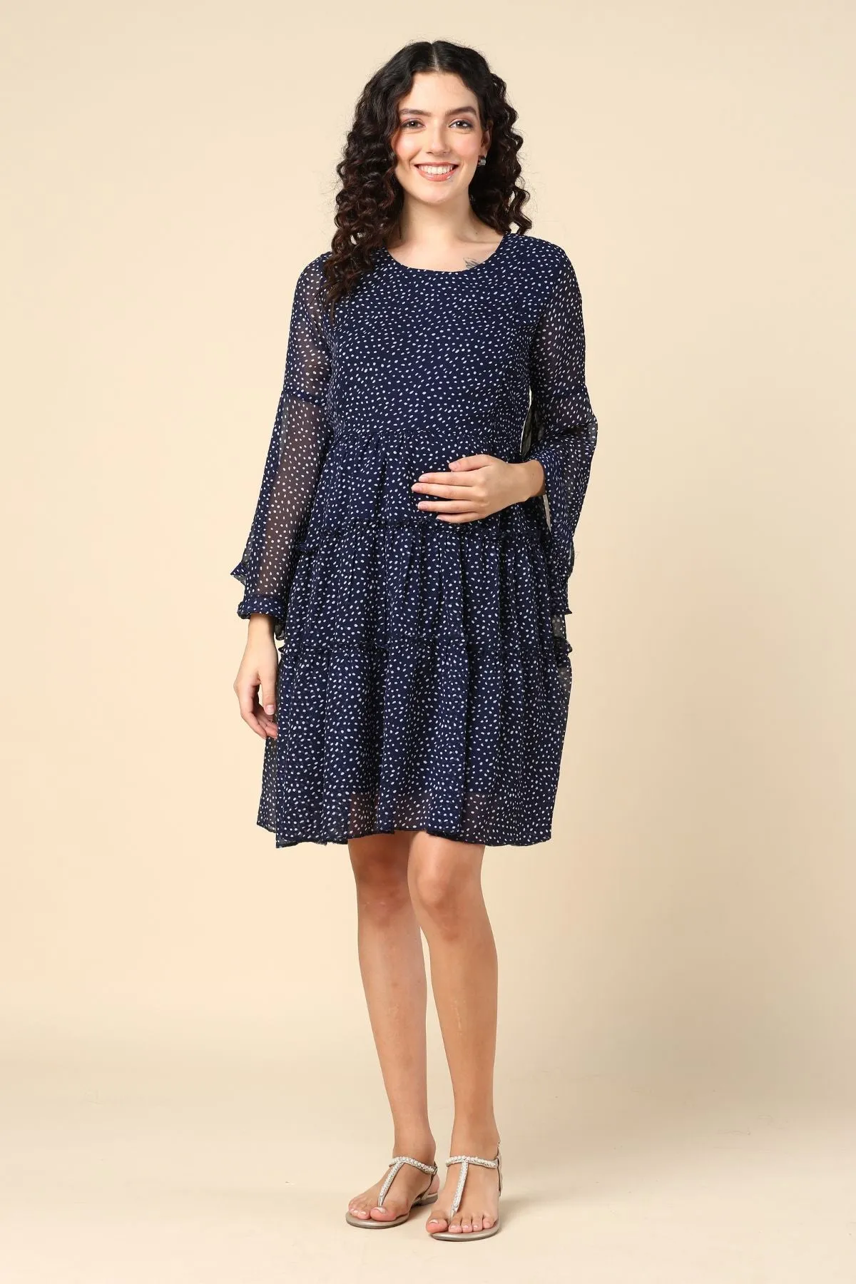 Polka Navy Maternity Dress with Pocket