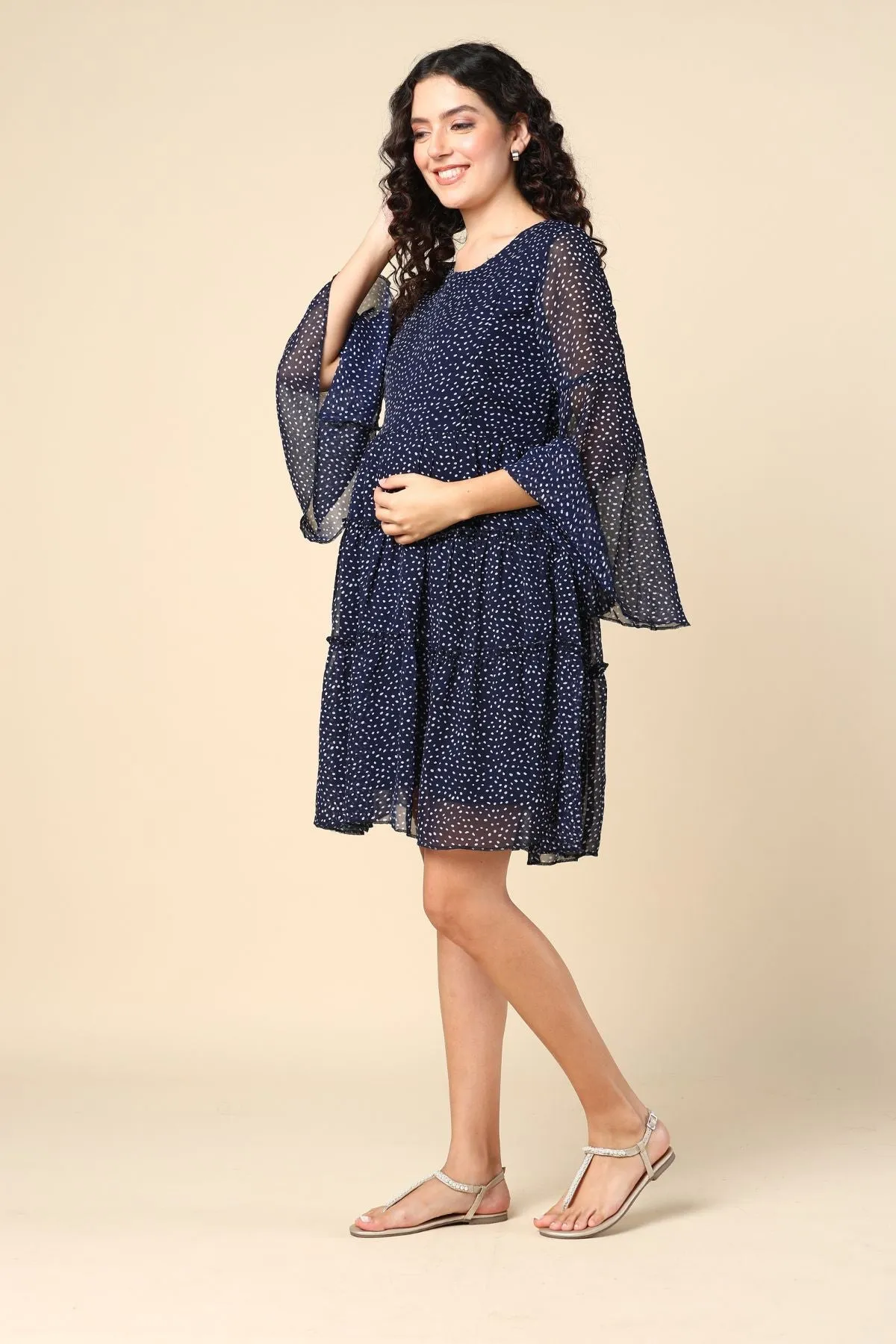 Polka Navy Maternity Dress with Pocket