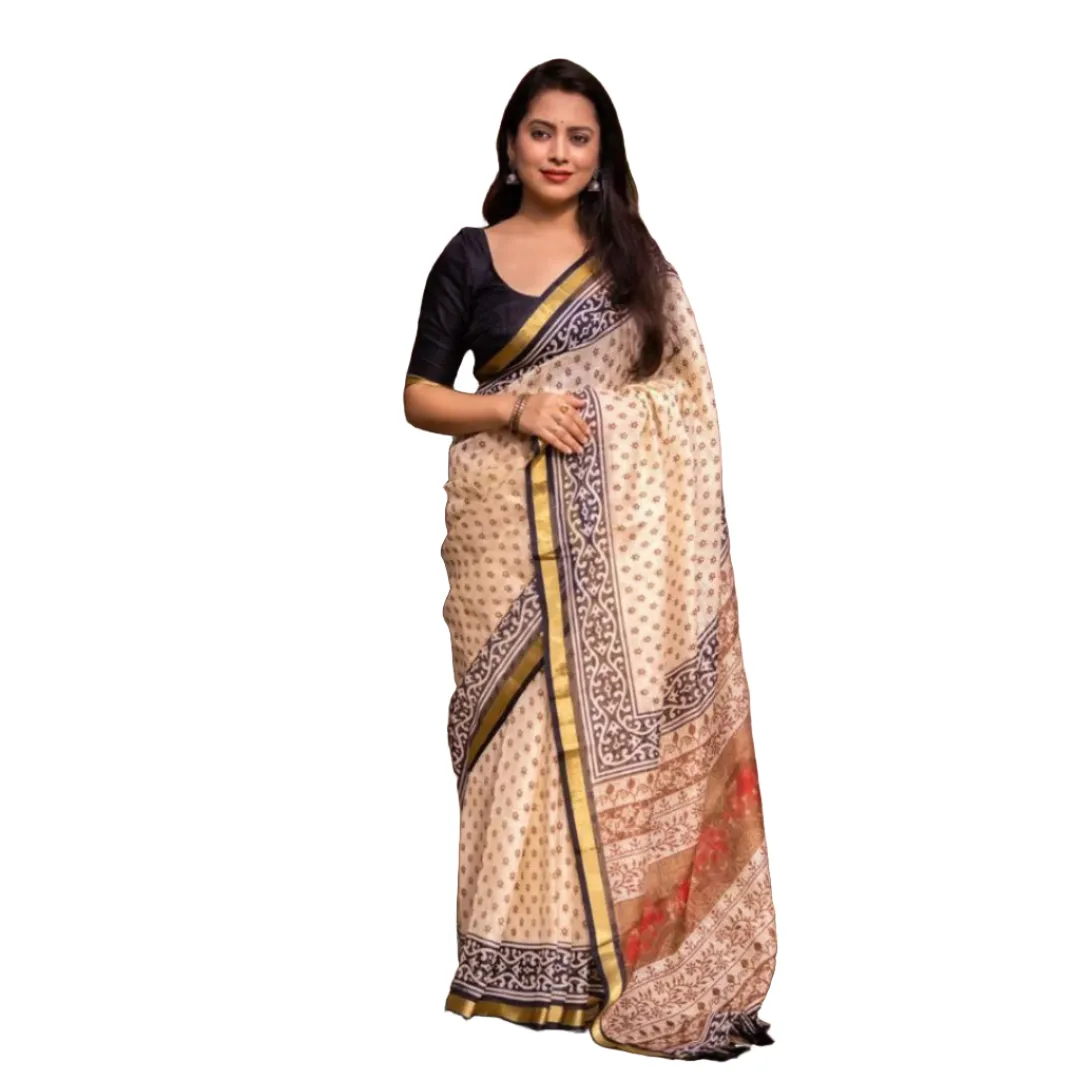 Printed Kota Silk White Party wear Women's Saree