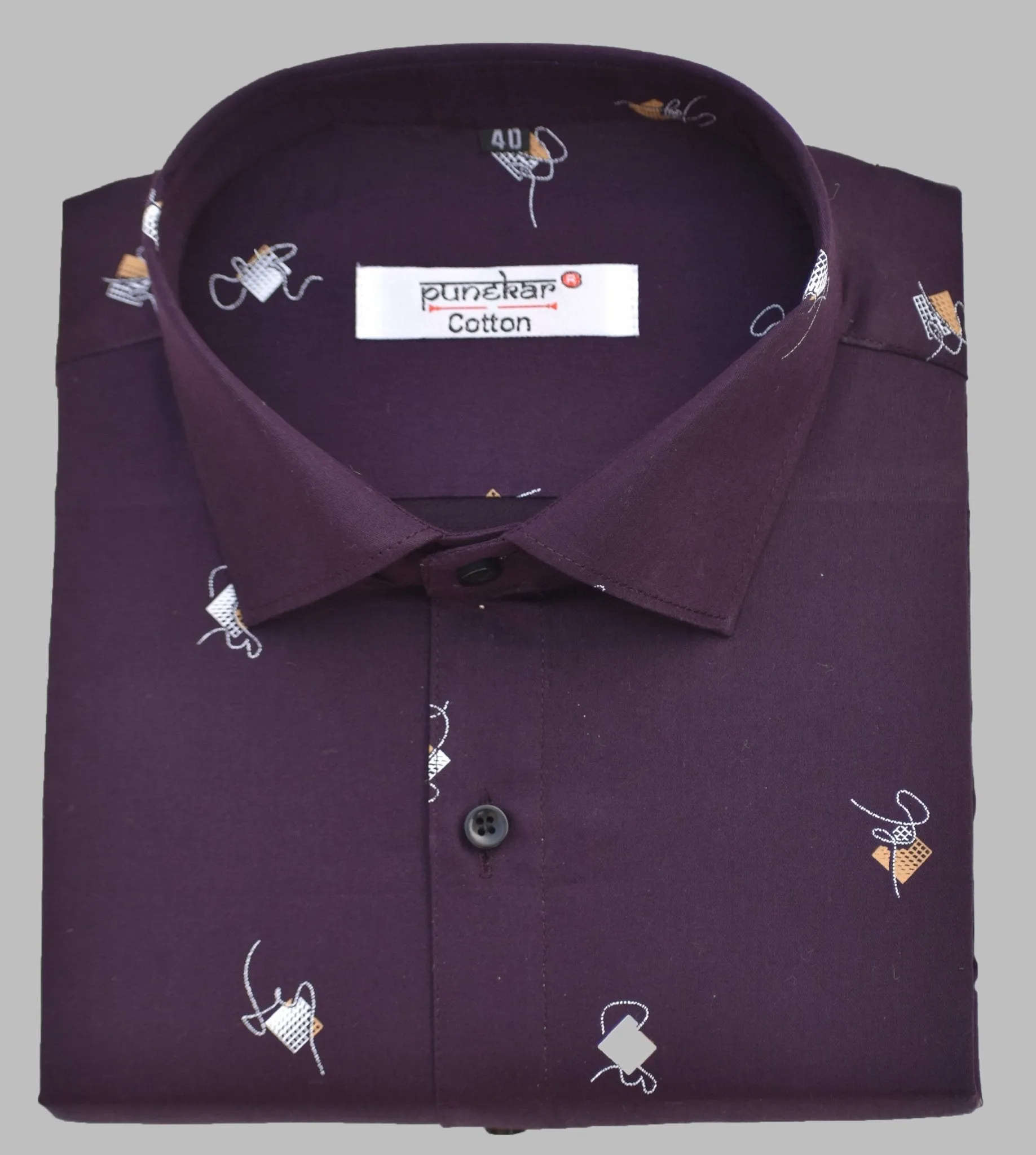 Punekar Cotton Printed Dark Purple Color Pure Cotton Handmade Shirt For Men's.