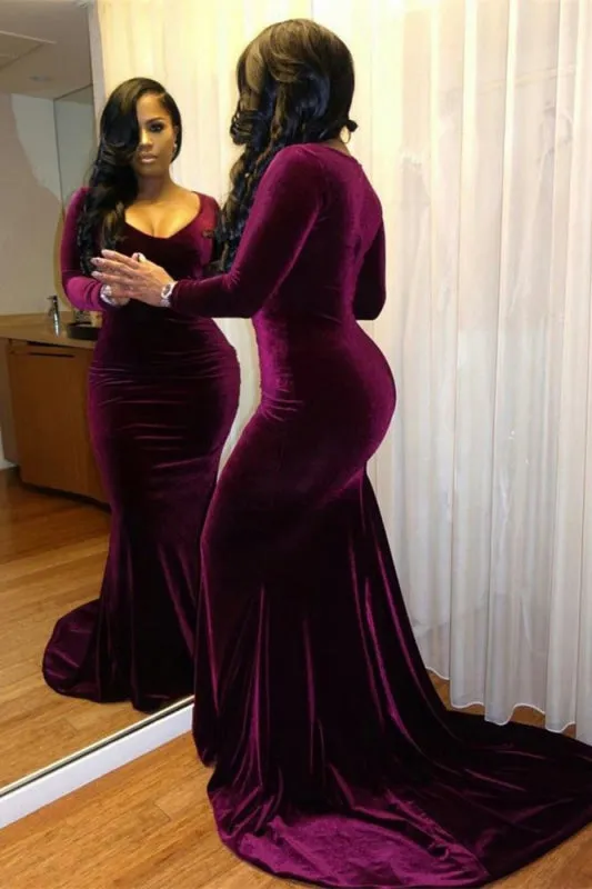 Purple Long Sleeve Evening Mermaid Prom Dress