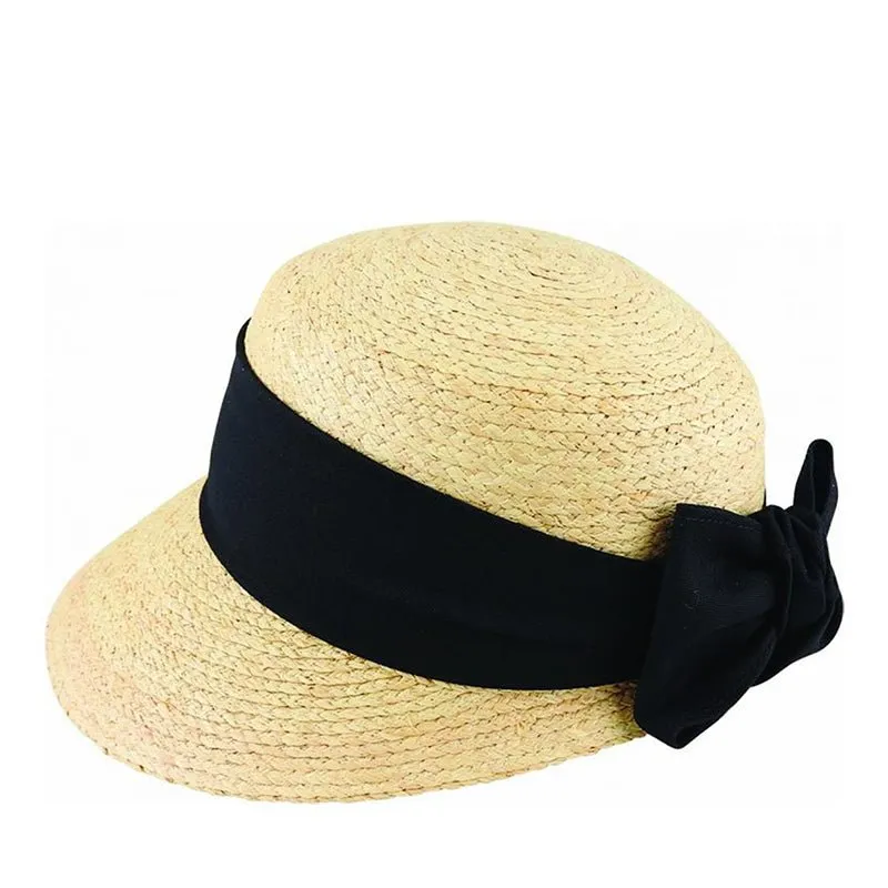 RAFFIA CAP VISOR WITH COTTON TRIM & BOW