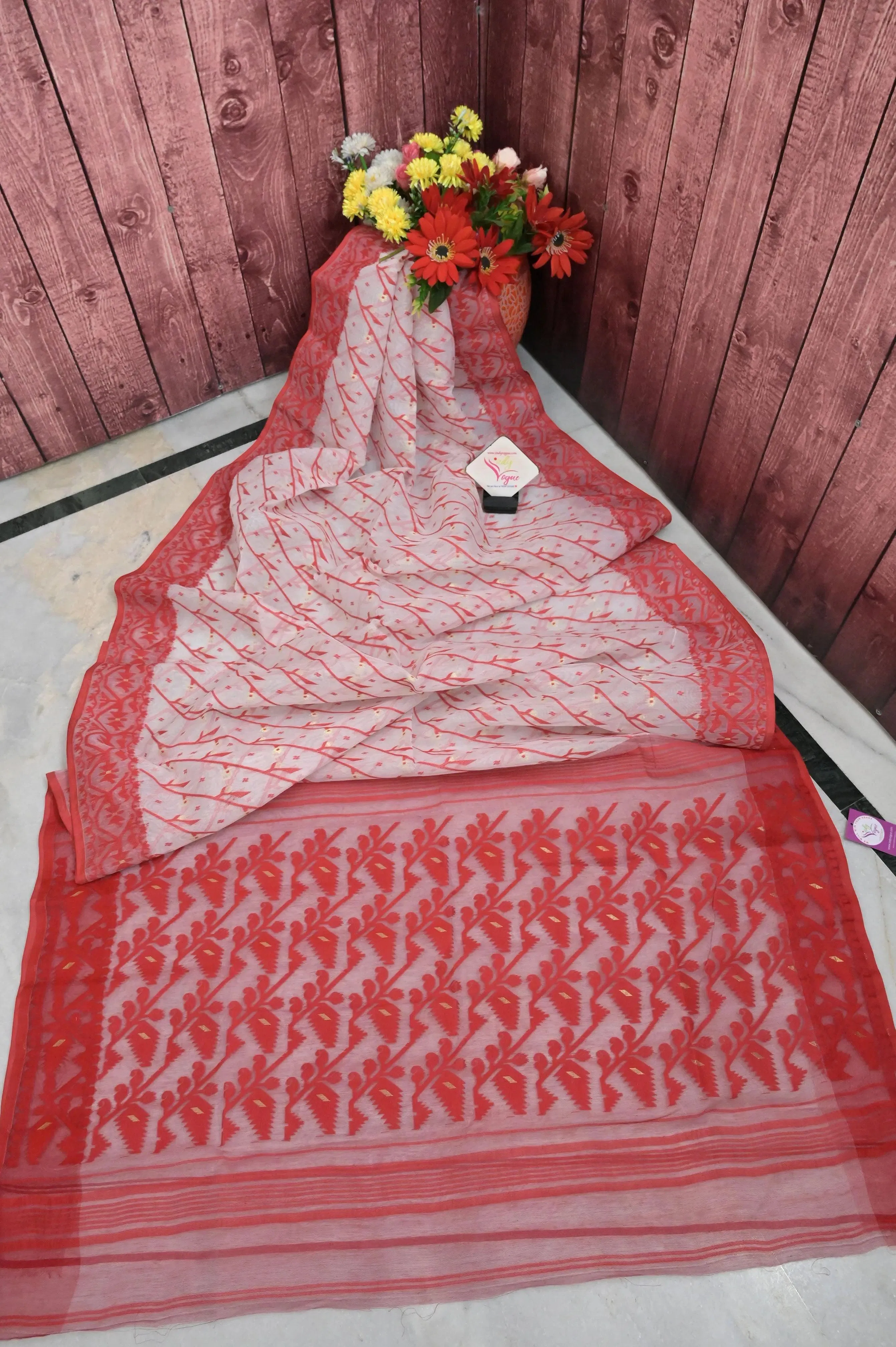 Red and White Color Jamdani Saree with Embroidered Blouse Piece