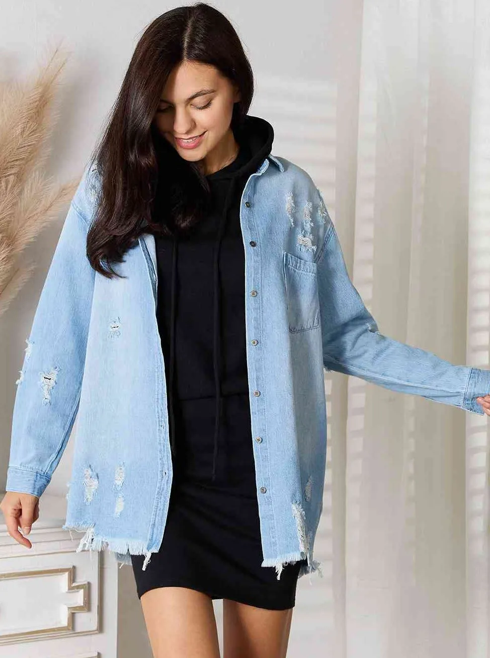 RISEN Distressed Raw Hem Denim Jacket (Online Exclusive)