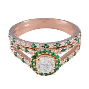 Riyo Extensive Silver Ring With Rose Gold Plating Emerald CZ Stone Round Shape Prong Setting Designer Jewelry Christmas Ring