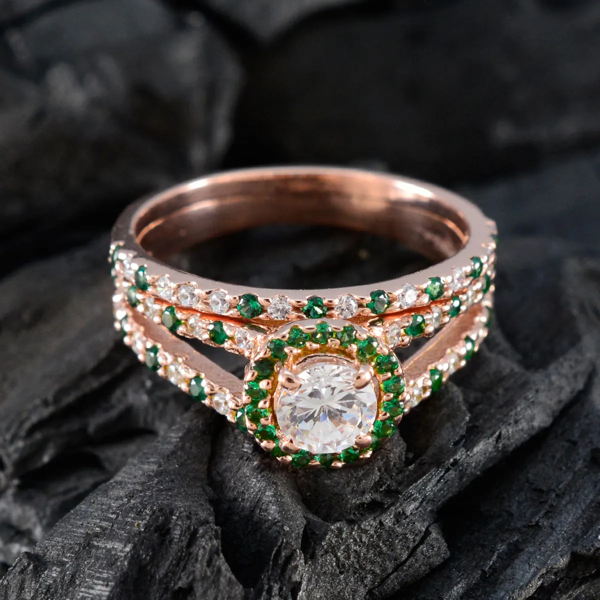 Riyo Extensive Silver Ring With Rose Gold Plating Emerald CZ Stone Round Shape Prong Setting Designer Jewelry Christmas Ring