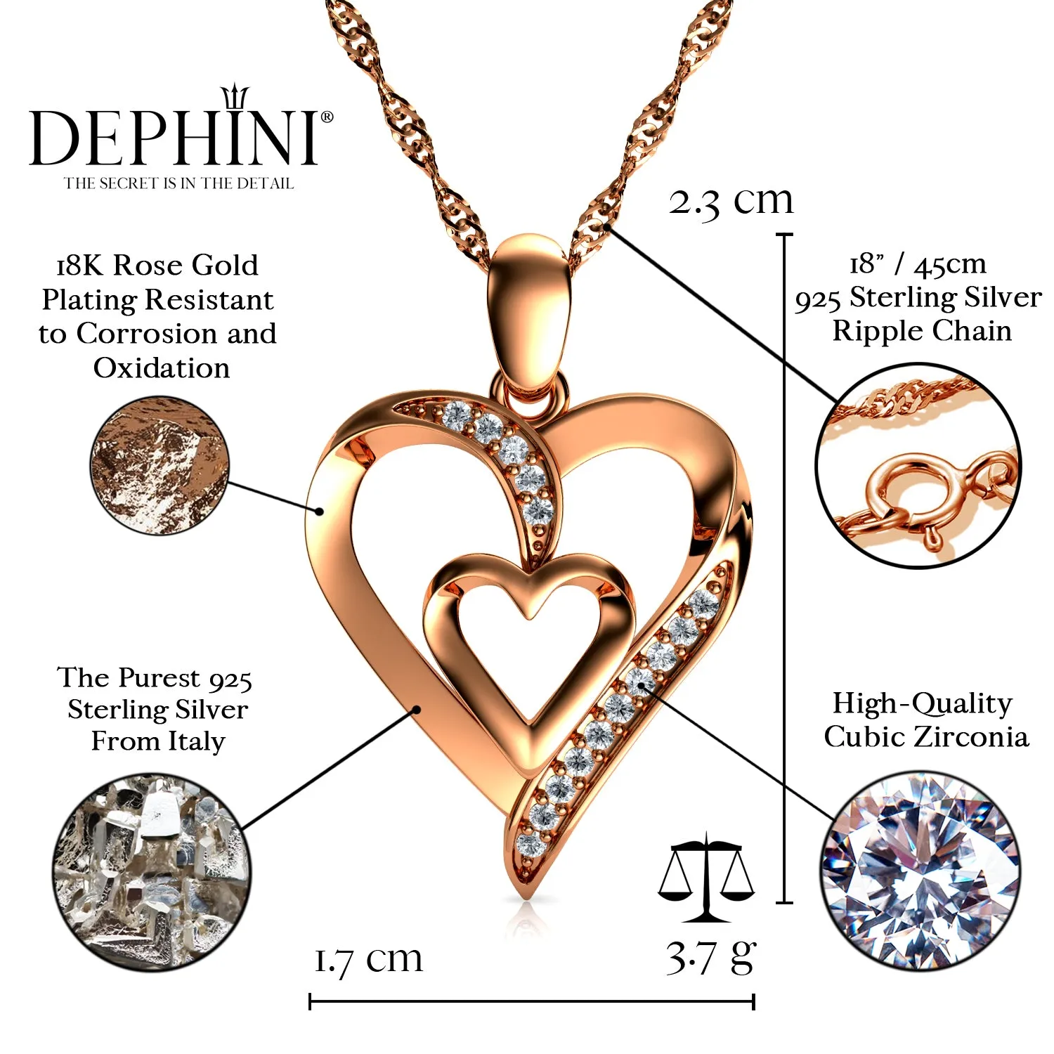 Rose Heart Necklace - 18ct Gold Plated 925 Sterling Silver Dephini