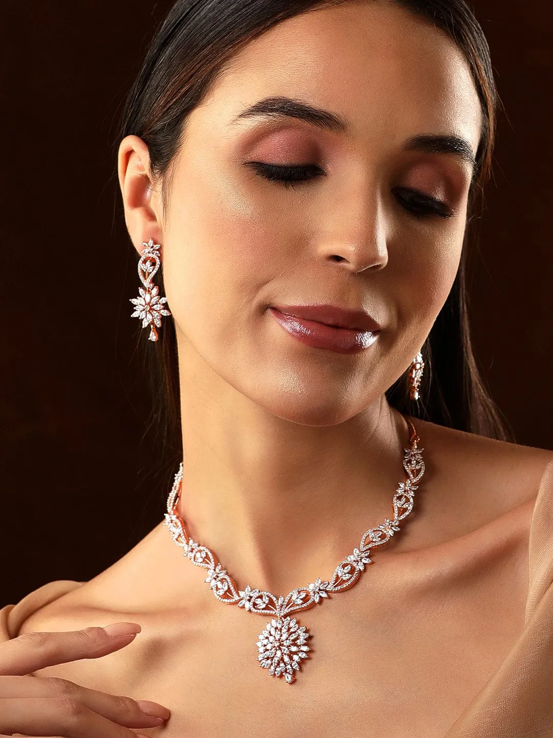 Rubans Rose Gold Plated Handcrafted Zircon Stone Studded Floral Necklace Set