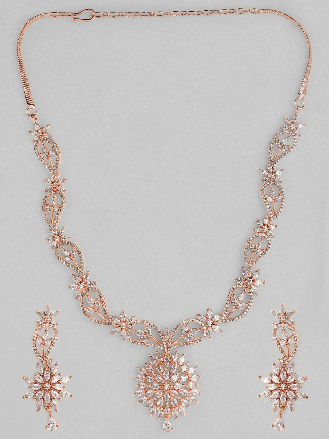 Rubans Rose Gold Plated Handcrafted Zircon Stone Studded Floral Necklace Set