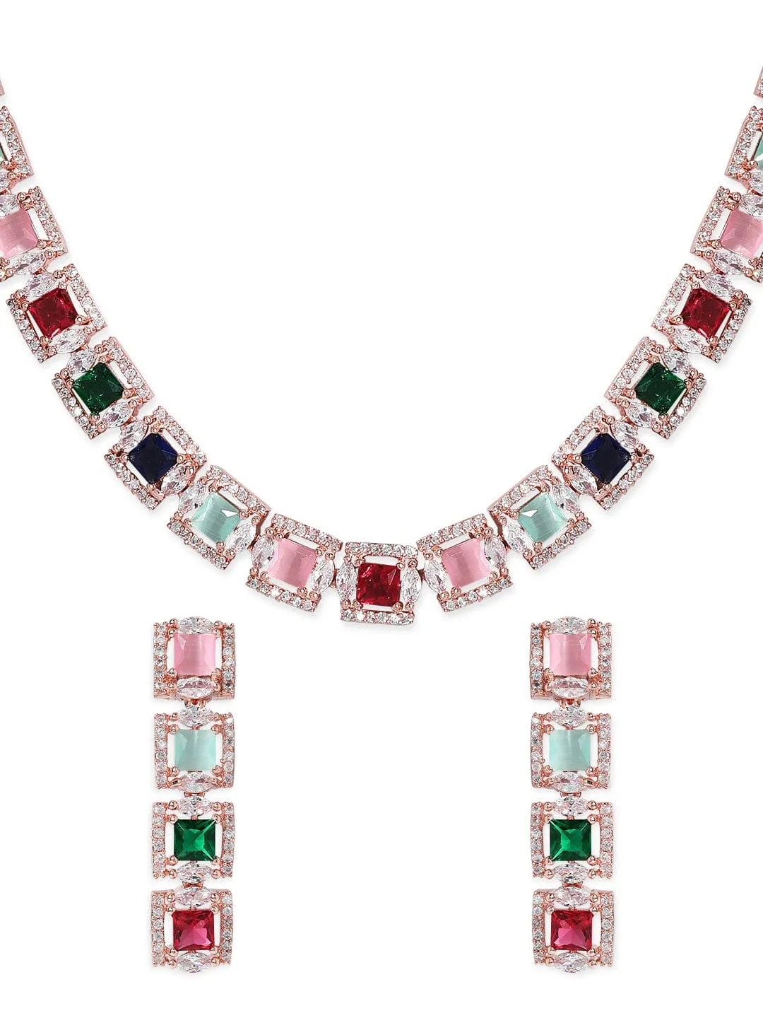 Rubans Rose Gold Plated Multicolour Zirconia Stone Studded Handcrafted Necklace Set.