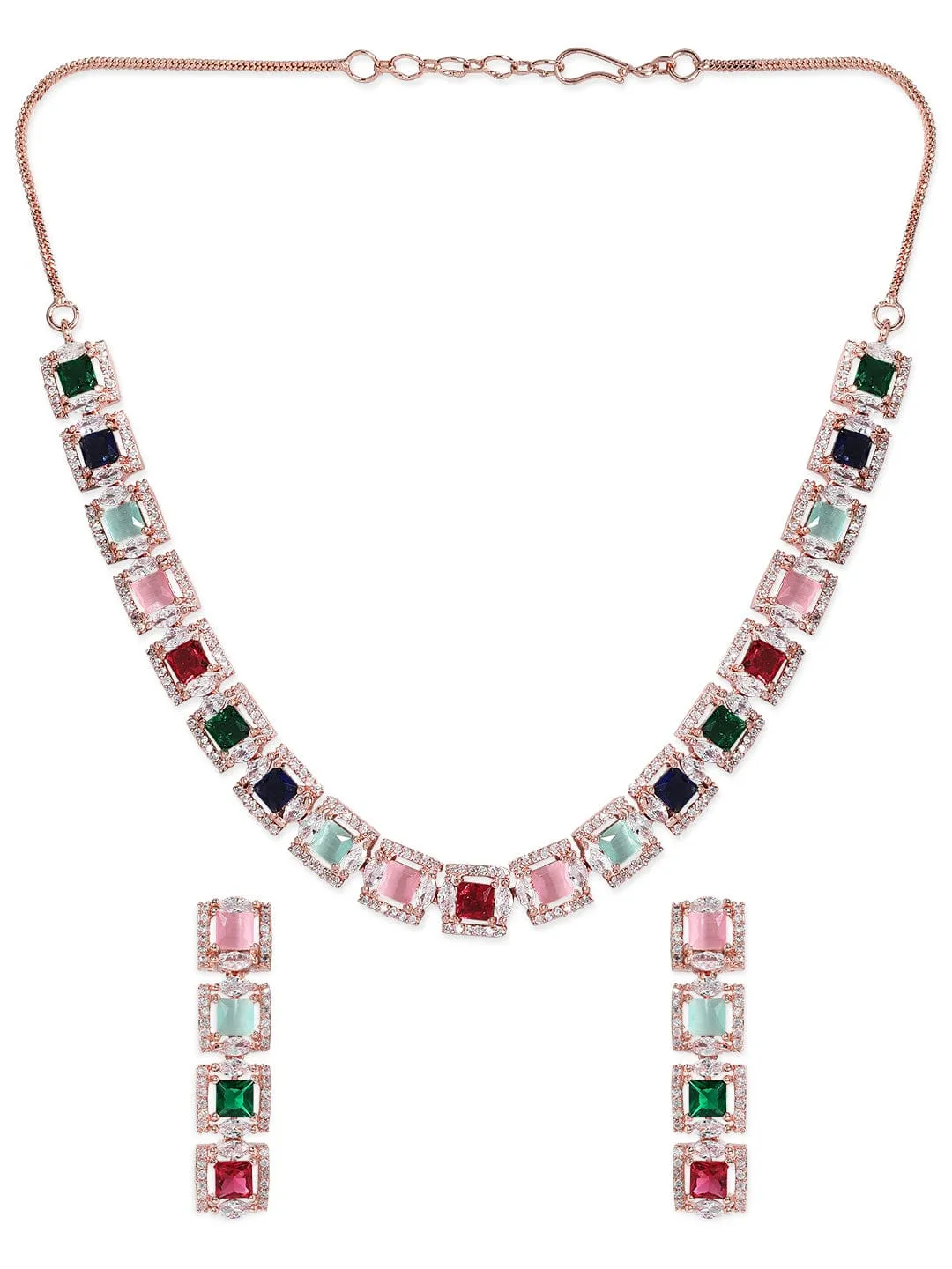 Rubans Rose Gold Plated Multicolour Zirconia Stone Studded Handcrafted Necklace Set.