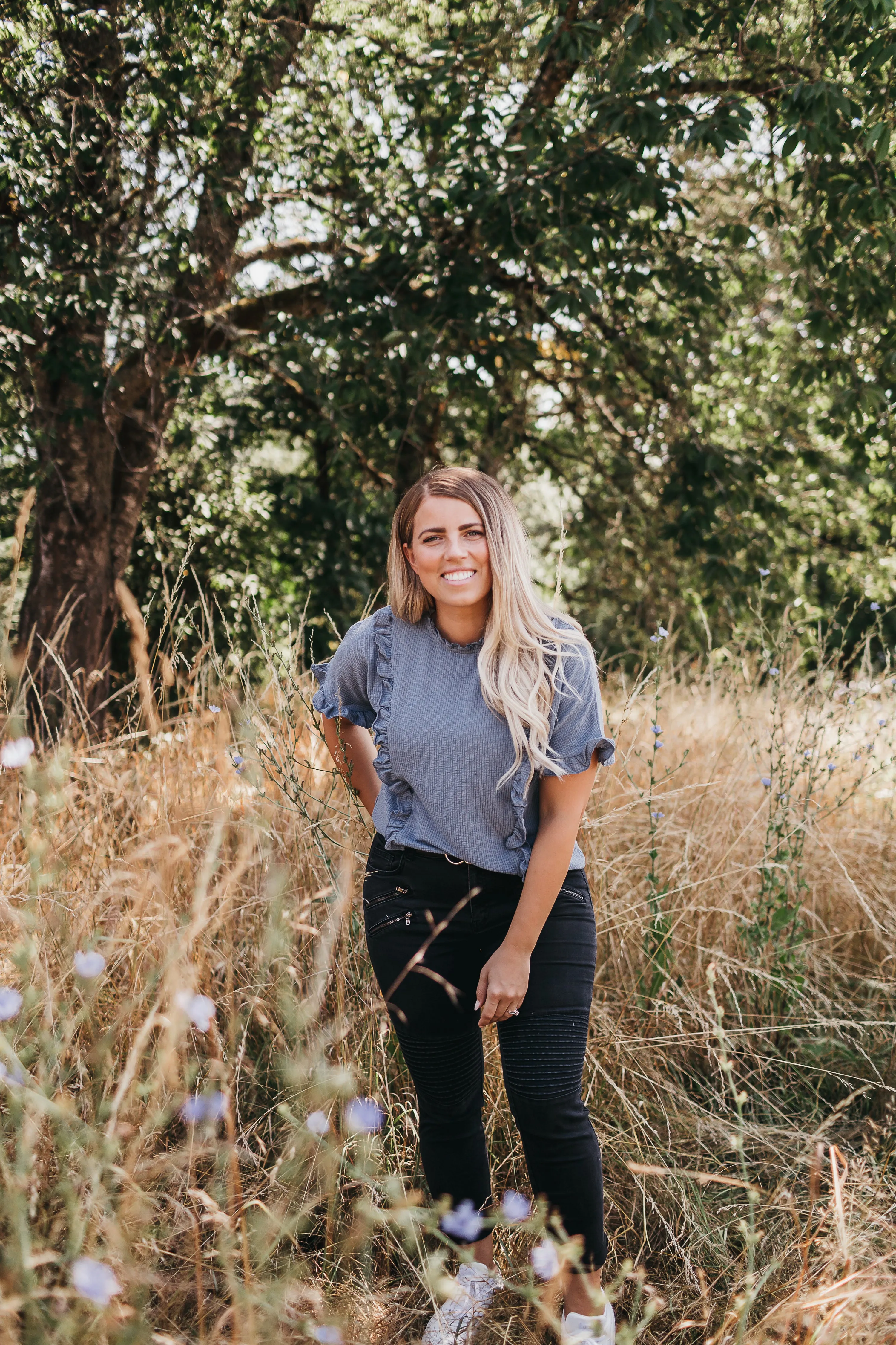 Ruffle Neck Tee in Denim Blue