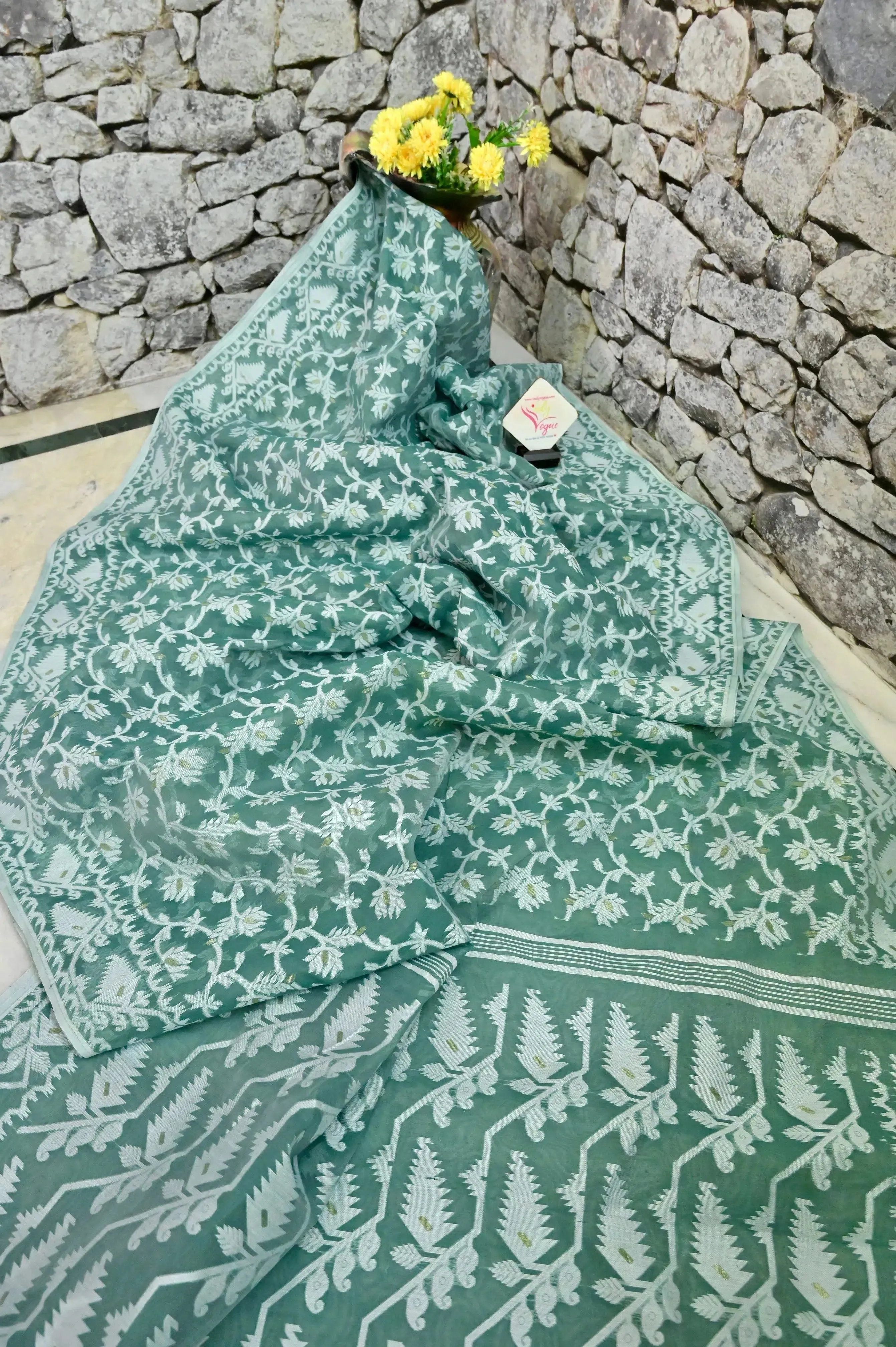 Sea Green and White Color Jamdani Saree