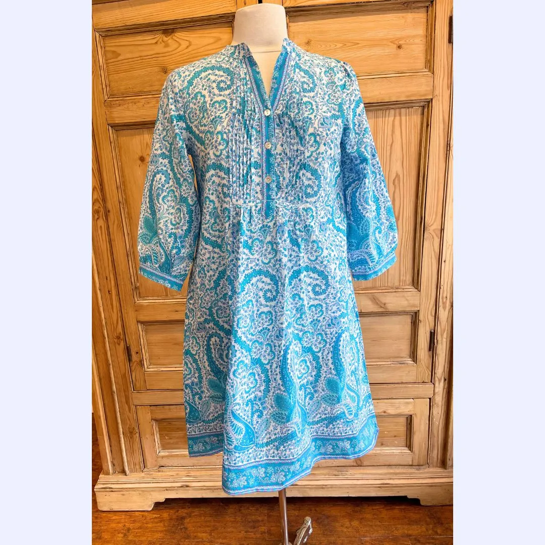 Turquoise Paisley Pin Tuck Dress