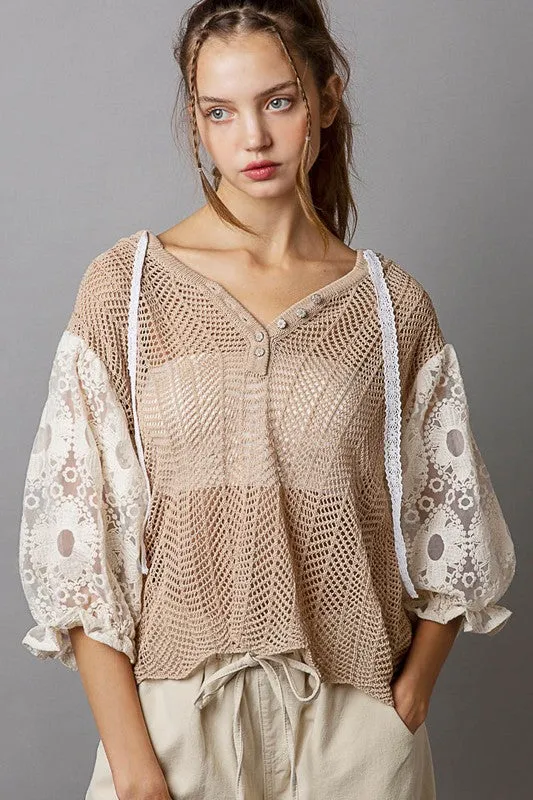 V-Neck Balloon Lace Sleeve Open Weaving Sweater