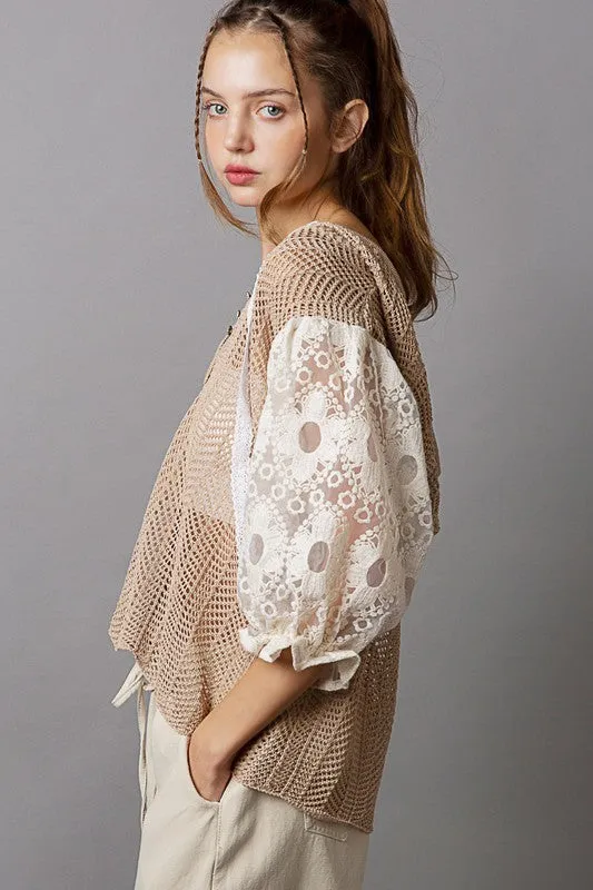 V-Neck Balloon Lace Sleeve Open Weaving Sweater